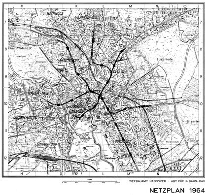 Netzplan 1964 mit drei Tunnelästen im Stadtzentrum