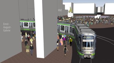 Visualisierung: Ecke an der Ernst-August-Galerie mit engen Gleisradien und nah vorbeifahrenden Bahnen