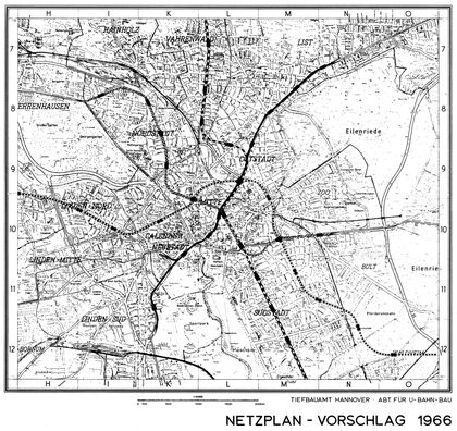 Verbesserter Netzplan 1966 mit vier Tunnelästen (D-Linie zur Entlastung)